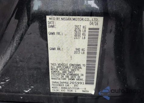 2016 Nissan Altima 2.5 S z USA, uszkodzony, nr VIN 1N4AL3AP4GC205991